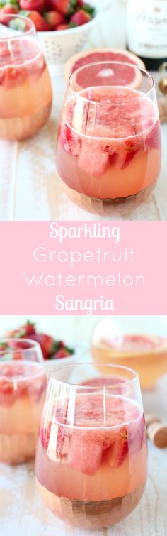 sparkling grapefruit watermelon sangria in glasses with strawberries on the side