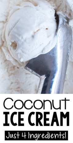 a scoop of ice cream sitting on top of a pile of white fluffy material with the words coconut ice cream just 4 ingredients