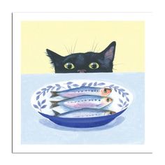 a black cat looking over a plate with fish on it