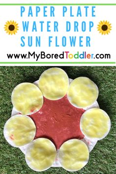 paper plate water drop sunflower craft for kids on the grass with text overlay