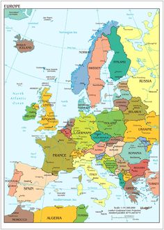 a large map of europe with all the major cities and their capital names on it