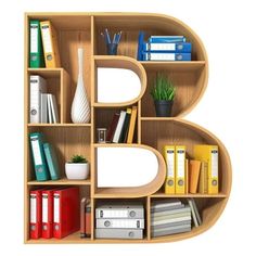 the letter b is made up of books, binders and other office supplies on a shelf