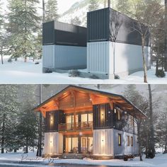 two pictures side by side of a house in the snow and on the ground with trees