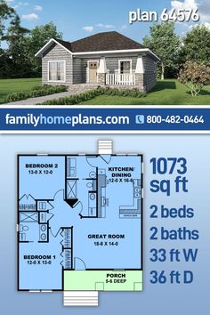 the floor plan for a two bedroom house with an attached garage and living room, is shown