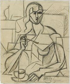 a black and white drawing of a woman sitting in front of a table with a cup