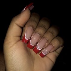 French Tips With Glitter, Red French Tips, Red Tip Nails, Red And Silver Nails, Short Red Nails, Prom Nails Red, Red Nails Glitter, Glitter French Tips