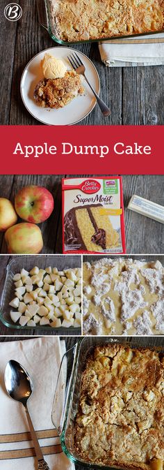 an apple dump cake is shown in this collage