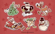 christmas stickers with santa claus and other cartoon characters in different poses on a red background