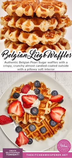 waffles with blueberries, strawberries and syrup are stacked on top of each other