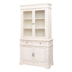 a white bookcase with two doors and drawers on the bottom, in front of a white background