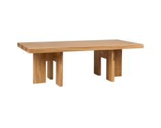 a wooden table sitting on top of a white floor next to a wall with two legs