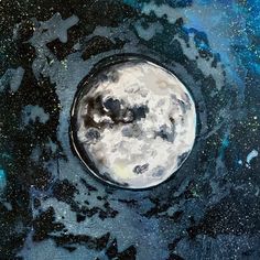 an abstract painting of the moon with stars and blue sky in the background, as seen from above