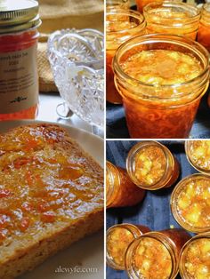 there are several pictures of different foods in jars and on the table, including bread