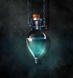 a glass bottle filled with liquid hanging from a chain on a dark background and illuminated by a light bulb