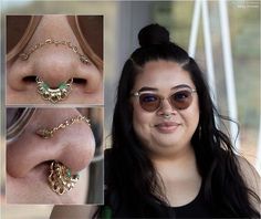 an image of a woman with piercings on her nose and behind her is a collage of photos