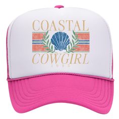 PRICES MAY VARY. Best-Selling: This best-selling trucker hat features our Coastal Cowgirl logo printed on its foam front with attention to every detail. Comfortable: This is the most comfortable trucker hat with its foam front, cushioned soft cloth sweatband, and flexible mesh 5-panel construction that keeps you cool and retains its perfect shape all day and night. Snapback: This popular hat features a slightly curved visor, a classic high-structured crown, and an adjustable snapback closure at Pink Trucker Hat For Baseball Season With Curved Brim, Pink Trucker Hat For Baseball Season, Pink Flat Bill Trucker Hat For Outdoor, Beach Trucker Hat With Letter Print And Curved Bill, Pink Letter Print Hat For Outdoor, Pink Letter Print Flat Bill Trucker Hat, Pink Trucker Hat With Letter Print, Pink Letter Print Trucker Snapback Hat, Pink Trucker Hat For Sports Events