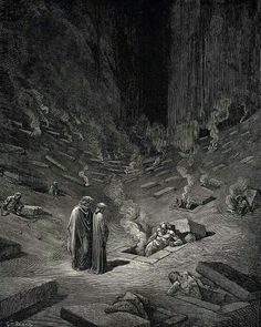 an old black and white drawing of two men standing in the middle of a cave