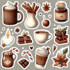 a set of stickers with different types of food and drinks on them, including hot chocolate