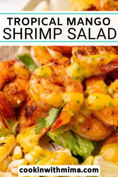 a plate with shrimp salad on it and the words tropical mango shrimp salad above it