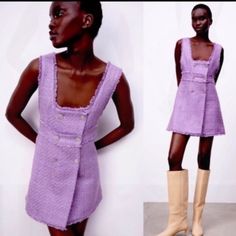 Zara Purple Tweed Dress With Rhinestone Buttons Size Xsmall. New With Tags Tweed A-line Party Dress, Chic Summer A-line Tweed Dress, Fitted Mini Tweed Dress For Summer, Fitted Tweed A-line Mini Dress, Chic Sleeveless Tweed Mini Dress, Chic Tweed Midi Dress, Tweed Midi Dress For Party, Fitted Tweed Summer Dress, Fitted Sleeveless Tweed Mini Dress