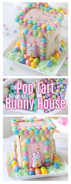 a cake made to look like a house with lots of candy on top and the words pop tart bunny house above it