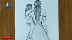 a pencil drawing of two women facing each other with their backs to the camera,