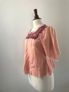 Vintage pink embroidered hippie tunic blouse sx xs to S Spring Bohemian Crew Neck Blouse, Fall Crew Neck Blouse For Beach, Feminine Cotton Embroidered Top, Spring Crew Neck Blouse For Beach, Bohemian Short Sleeve Tops For Spring, Bohemian Relaxed Fit Tops For Spring, Spring Bohemian Relaxed Fit Tops, Flowy Cotton Blouse With Floral Embroidery, Pink Flowy Cotton Top