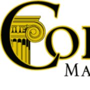 the golden mark logo is shown in black and yellow colors, with columns on either side