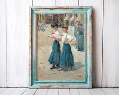 an old painting hanging on the wall in front of a wooden paneled wall with a blue frame