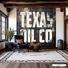 a living room with a large sign on the wall that says tex's oil co