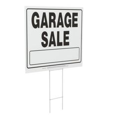 a white garage sale sign with the words garage sale on it's front and side