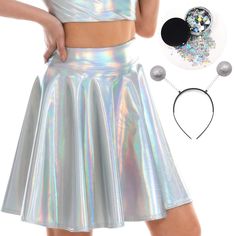 PRICES MAY VARY. Great Value Super Combo Set! 3 pieces Halloween alien women costume accessory Set. (Top is not included) SUPER VALUE PACK: include a Women's shiny liquid metallic holographic pleated flared mini skirt with elastic closure, a pair of glasses shiny headband, and a box of Silver Holographic Chunky Glitter (10g). COMFORTABLE & EASY TO USE: The women’s holographic skirt is made of soft and silky fabric.95% Polyester / 5% Spandex. PERFECT for Halloween role play, costume party, animal Alien Costume, Mini Skater Skirt, Party Rock, Halloween Costumes College, Costume Intero, Party Skirt, Stage Performance, Performance Wear, Linnet