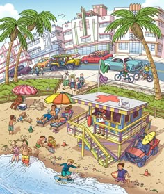 an illustrated beach scene with people and cars