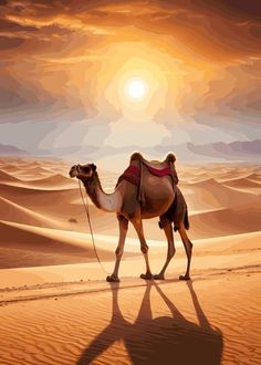 a painting of a camel in the desert