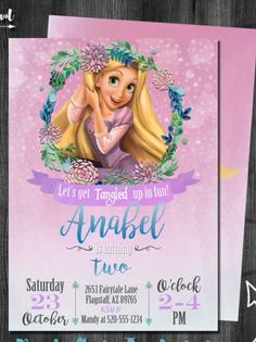 the princess aurora birthday party invitation is shown in pink and blue, with an image of rap