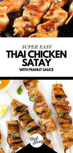 chicken satay on skewers with sauce and lemon wedges in the background