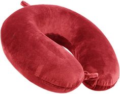 the neck pillow is red and has a knot on it's end, as well as an inner tube