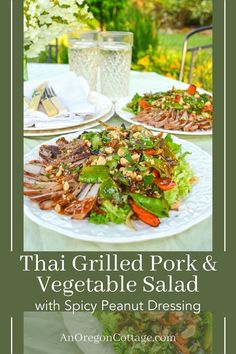 thai grilled pork and vegetable salad with spicy peanut dressing on a white plate outdoors