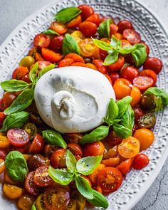 a white plate topped with lots of different types of tomatoes and mozzarella cheese