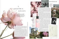 an article in a magazine with pink flowers and pictures on the page, including a large flower