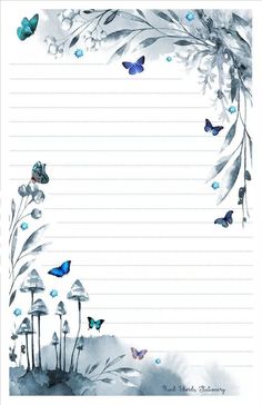 a notepad with butterflies and flowers on the page, which is lined in white paper