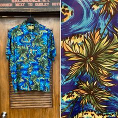 Vintage 1960's Atomic Palm Tree Tiki Rayon Loop Collar Hawaiian Shirt. Tag Size L. Please check the measurements below.  Very good condition.   The label is  "Kamawhanee".  Original 1960's.  Loop collar Hawaiian shirt with palm tree brushstroke pattern.   All Sales Final.   Please ask any questions before purchase.   Take a look at our Store for more Vintage Clothing - VintageOnHollywood.   MEASUREMENTS  Shoulder to Shoulder: 19" Underarm to Underarm: 24" Outer Sleeve Length (shoulder edge to cu Hawaiian Shirt, Brush Strokes, Palm Trees, 1960s, Hawaii, Favorite Outfit, Vintage Outfits, Gender Neutral, Beauty Book