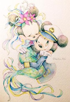 a drawing of mickey and minnie hugging each other