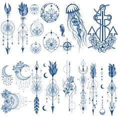 an assortment of tattoo designs and tattoos on a white background, with blue ink in the middle