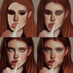 four different images of a woman with red hair and blue eyes, making the face look like she's holding her finger to her mouth