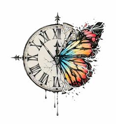 a drawing of a clock with a butterfly on it's face and water drops running down the side