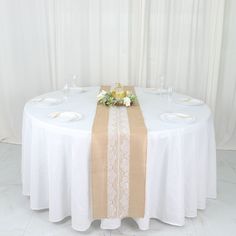 14inch x 106inch Natural Jute Burlap Table Runner With Middle White Lace White Tablecloth With Burlap Runner, Burlap And Lace Table Decor, White Tablecloth Burlap Runner, Lace Tablecloth With Burlap Runner, Lace Table Runner Wedding, Gray Lace Table Runner, Linen Napkins Wedding, Boho Themed Party, Burlap Runners