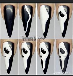 Scream Nail Art Tutorial, Ghostface Nail Art, Scream Mask Nails, Scream Face Nails, Ghost Face Nails Acrylic, Halloween Nails Ghostface, Scream Nails Acrylic, Halloween Scream Nails, Halloween Nails Scream