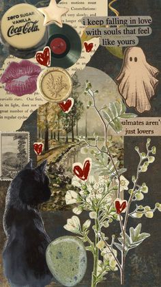 a collage with various images and words on it, including an image of a cat