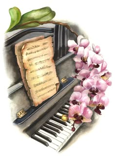 a painting of a piano with flowers and sheet music on the keyboard next to it